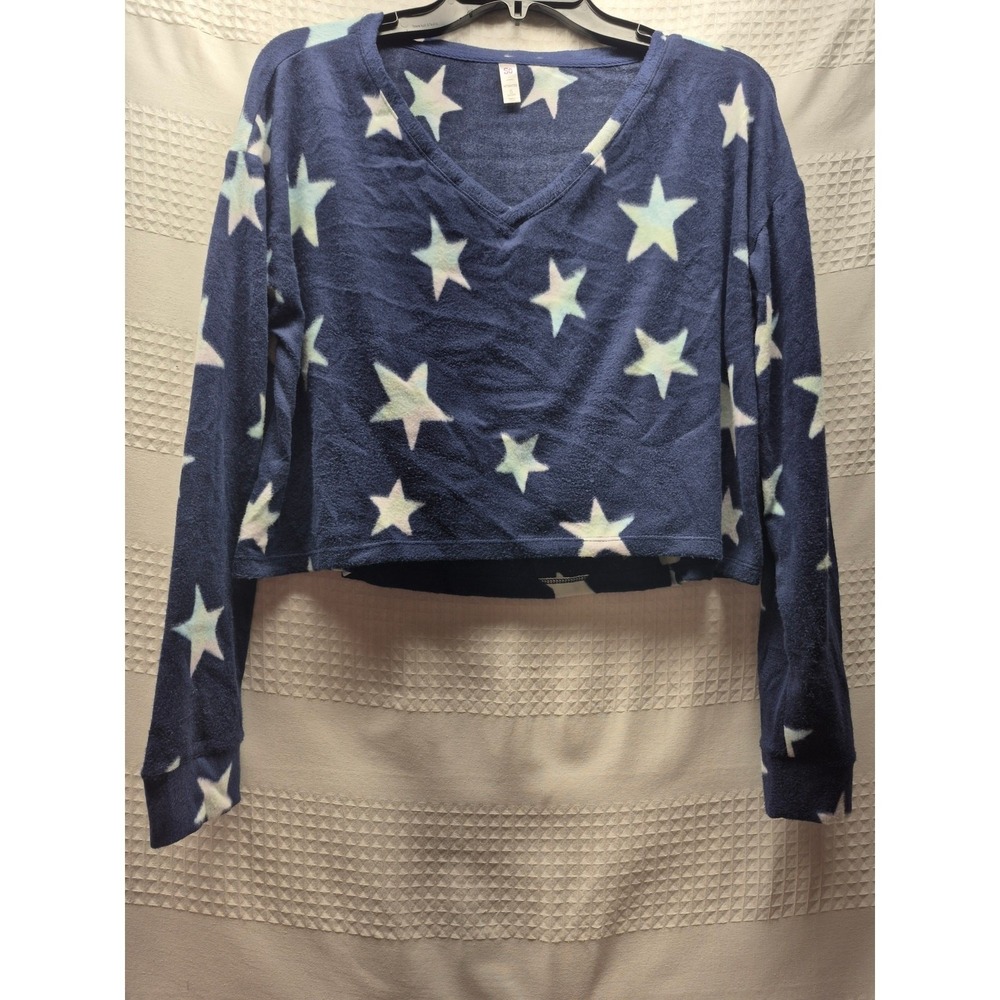 SO Pajama Shirt Womens Small Blue Star Cropped Long Sleeve V Neck ZG14P001RPS